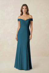 Off - the Shoulder Mermaid Chiffon Bridesmaid Dress in Dark Teal - KISS BRIDAL Bridesmaid Dresses