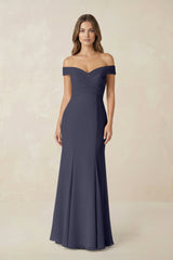 Off - the Shoulder Mermaid Chiffon Bridesmaid Dress in Dusk Blue - KISS BRIDAL Bridesmaid Dresses