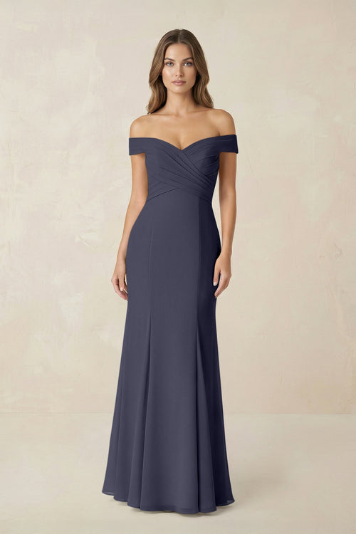 Off - the Shoulder Mermaid Chiffon Bridesmaid Dress in Dusk Blue - SHE IS ME Bridesmaid Dresses