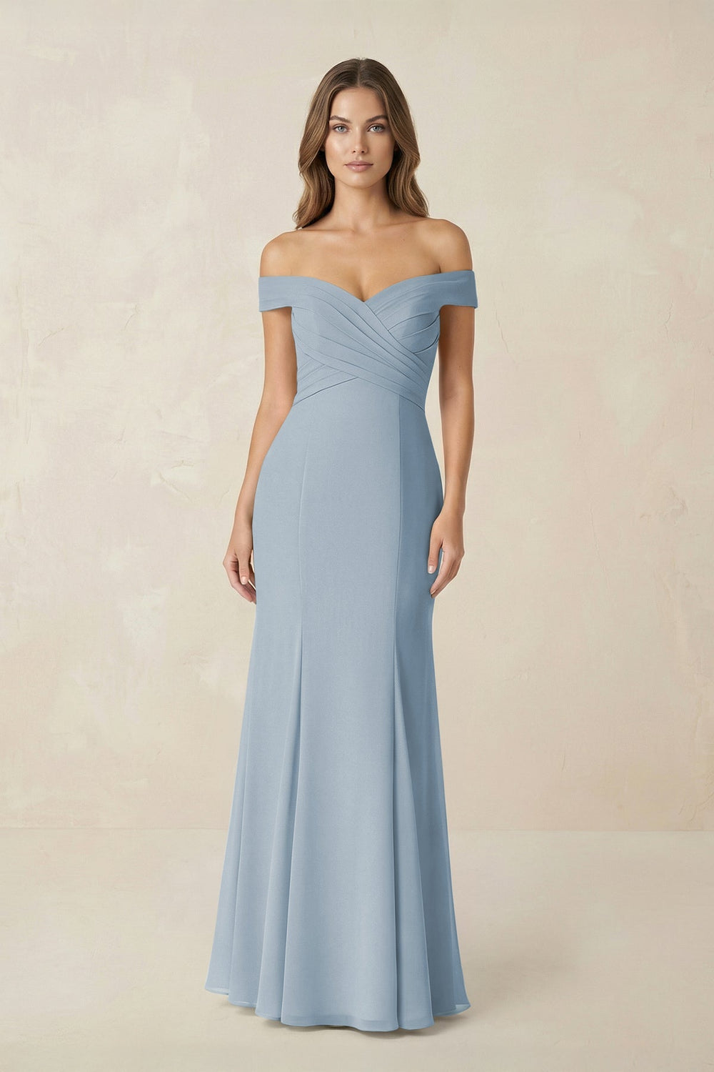 Off - the Shoulder Mermaid Chiffon Bridesmaid Dress in Dusty Blue - KISS BRIDAL Bridesmaid Dresses