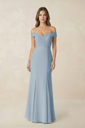 Off - the Shoulder Mermaid Chiffon Bridesmaid Dress in Dusty Blue - SHE IS ME Bridesmaid Dresses