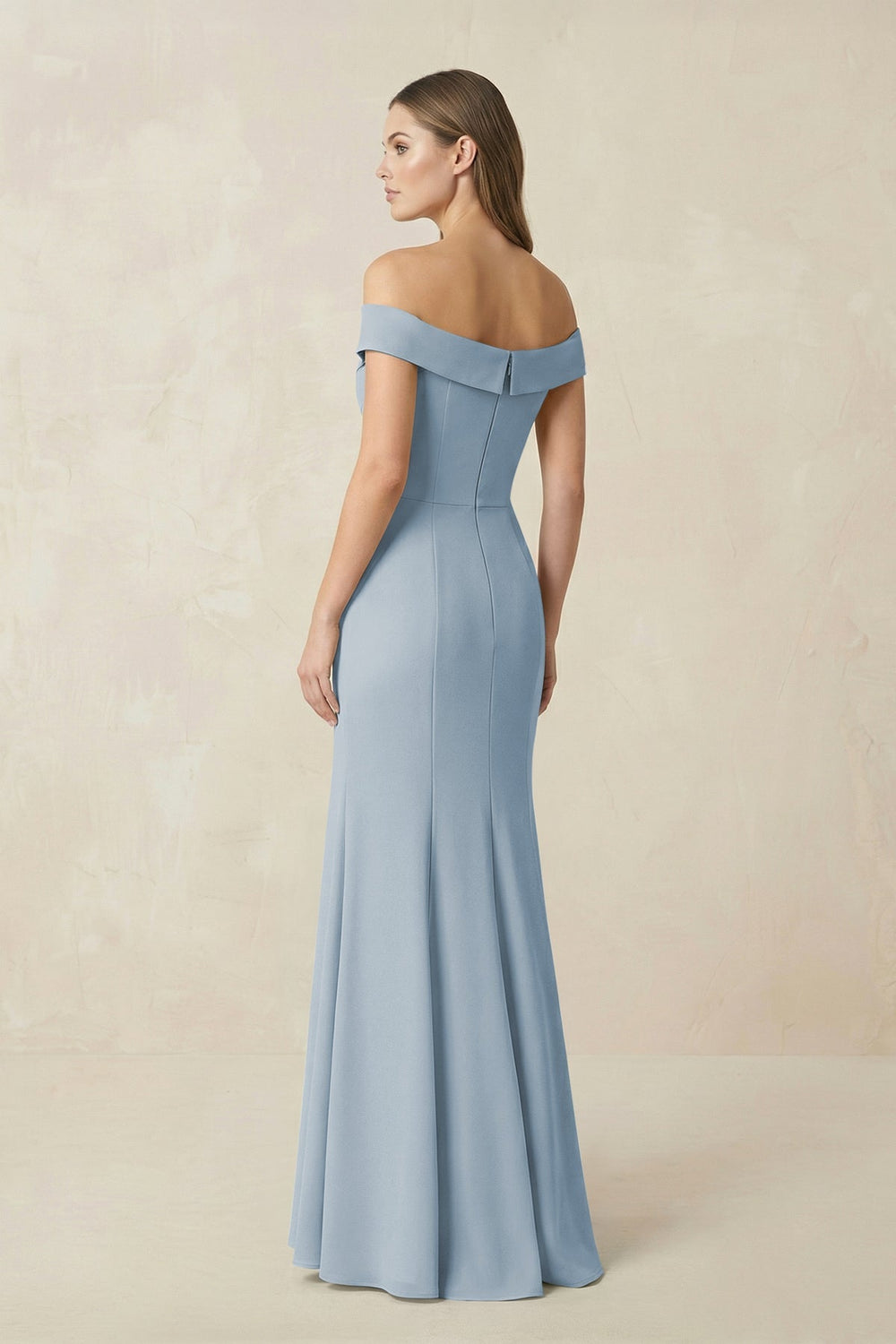 Off - the Shoulder Mermaid Chiffon Bridesmaid Dress in Dusty Blue - KISS BRIDAL Bridesmaid Dresses