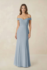 Off-the Shoulder Mermaid Chiffon Bridesmaid Dress in Dusty Blue | KISSBRIDAL