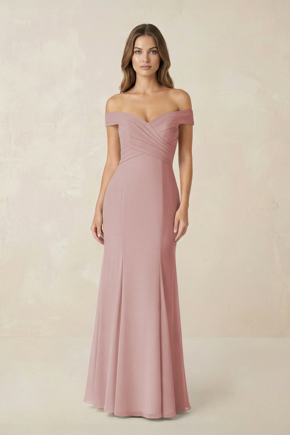 Off - the Shoulder Mermaid Chiffon Bridesmaid Dress in Dusty Rose - KISS BRIDAL Bridesmaid Dresses