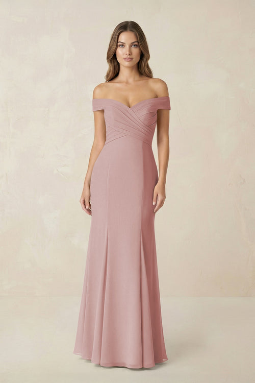 Off - the Shoulder Mermaid Chiffon Bridesmaid Dress in Dusty Rose - SHE IS ME Bridesmaid Dresses
