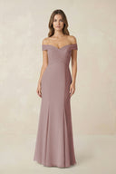 Off-the Shoulder Mermaid Chiffon Bridesmaid Dress in Dusty Rose | KISSBRIDAL