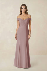 Off-the Shoulder Mermaid Chiffon Bridesmaid Dress in Dusty Rose | KISSBRIDAL