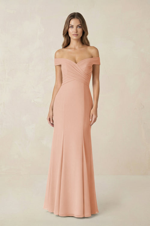 Off - the Shoulder Mermaid Chiffon Bridesmaid Dress in English Rose - SHE IS ME Bridesmaid Dresses