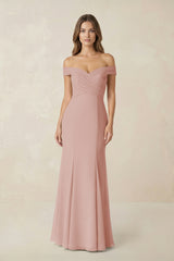 Off-the Shoulder Mermaid Chiffon Bridesmaid Dress in English Rose | KISSBRIDAL