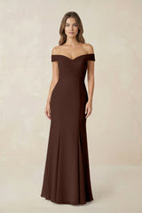 Off - the Shoulder Mermaid Chiffon Bridesmaid Dress in Espresso - KISS BRIDAL Bridesmaid Dresses