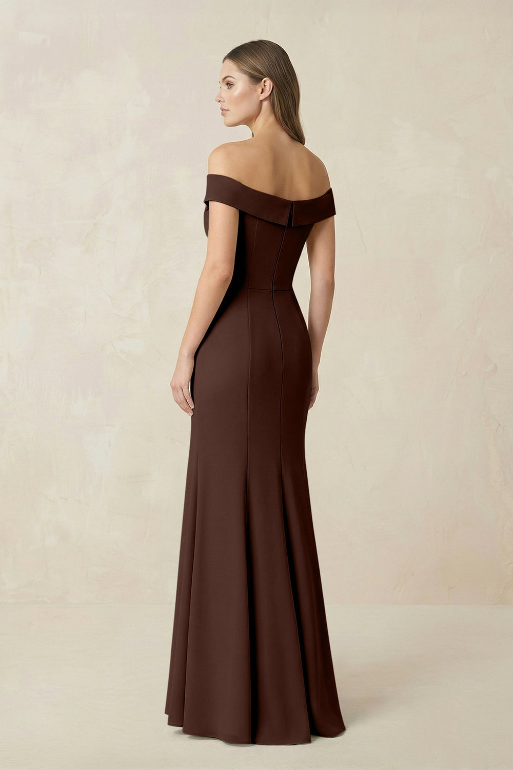 Off - the Shoulder Mermaid Chiffon Bridesmaid Dress in Espresso - KISS BRIDAL Bridesmaid Dresses