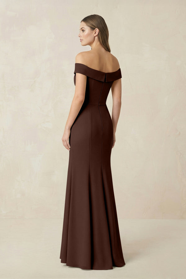 Off - the Shoulder Mermaid Chiffon Bridesmaid Dress in Espresso - SHE IS ME Bridesmaid Dresses