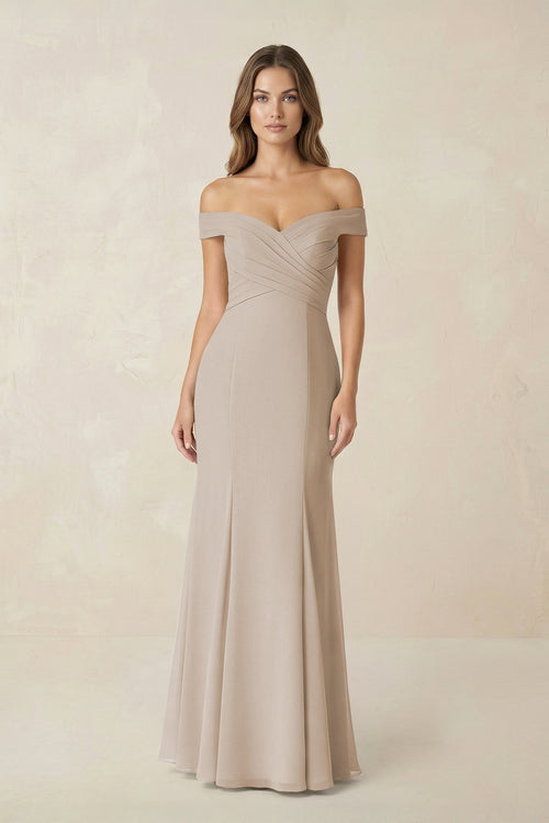 Off - the Shoulder Mermaid Chiffon Bridesmaid Dress in Frost - SHE IS ME Bridesmaid Dresses