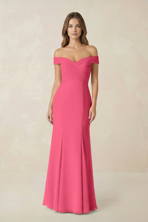 Off - the Shoulder Mermaid Chiffon Bridesmaid Dress in Fuchsia - SHE IS ME Bridesmaid Dresses