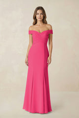 Off-the Shoulder Mermaid Chiffon Bridesmaid Dress in Fuchsia | KISSBRIDAL