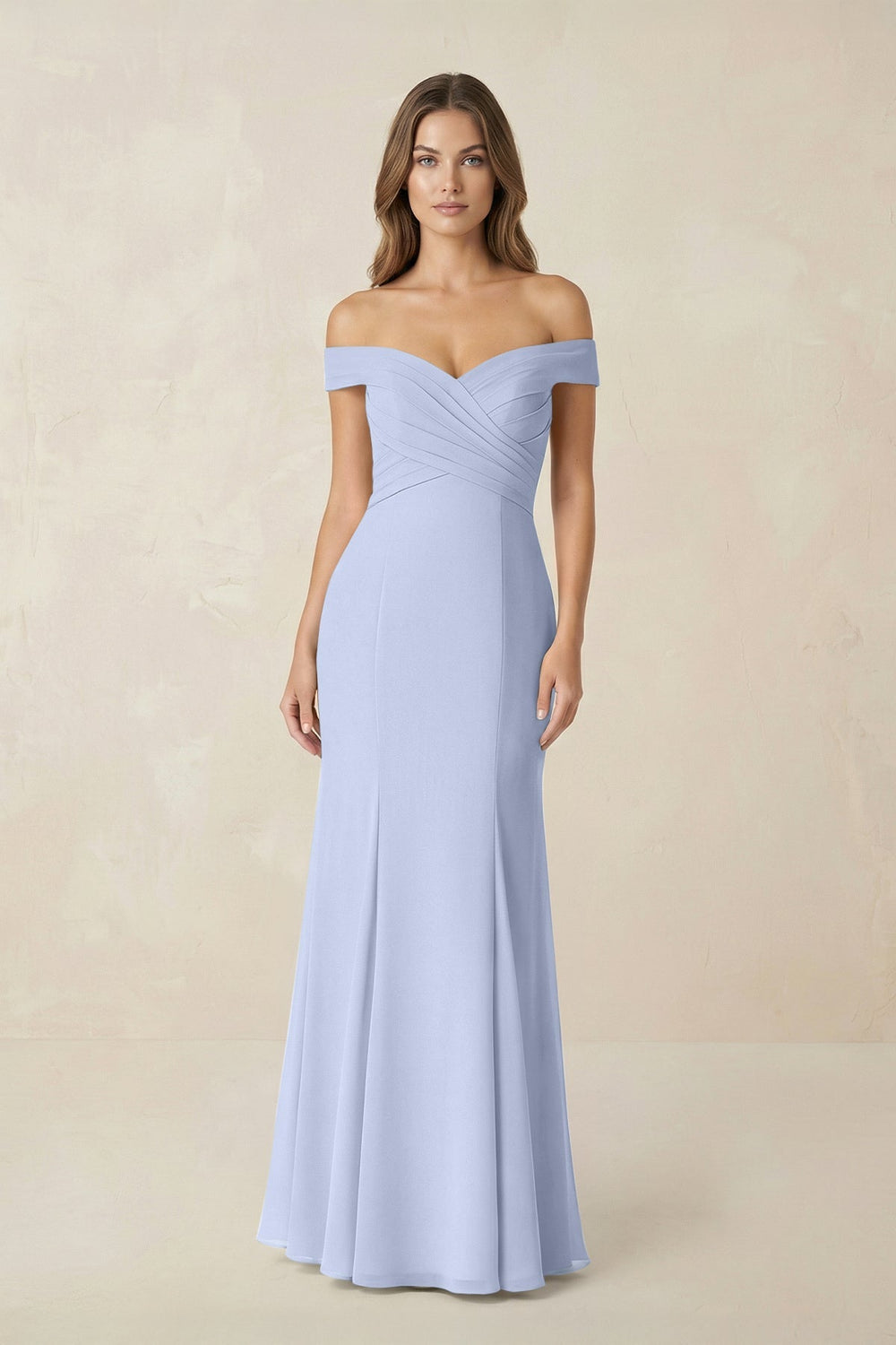 Off - the Shoulder Mermaid Chiffon Bridesmaid Dress in Ice - KISS BRIDAL Bridesmaid Dresses