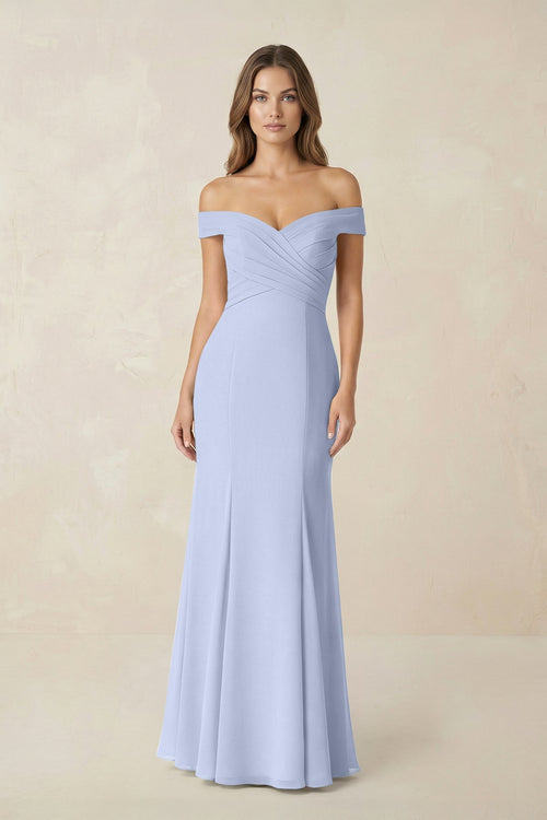 Off - the Shoulder Mermaid Chiffon Bridesmaid Dress in Ice - SHE IS ME Bridesmaid Dresses
