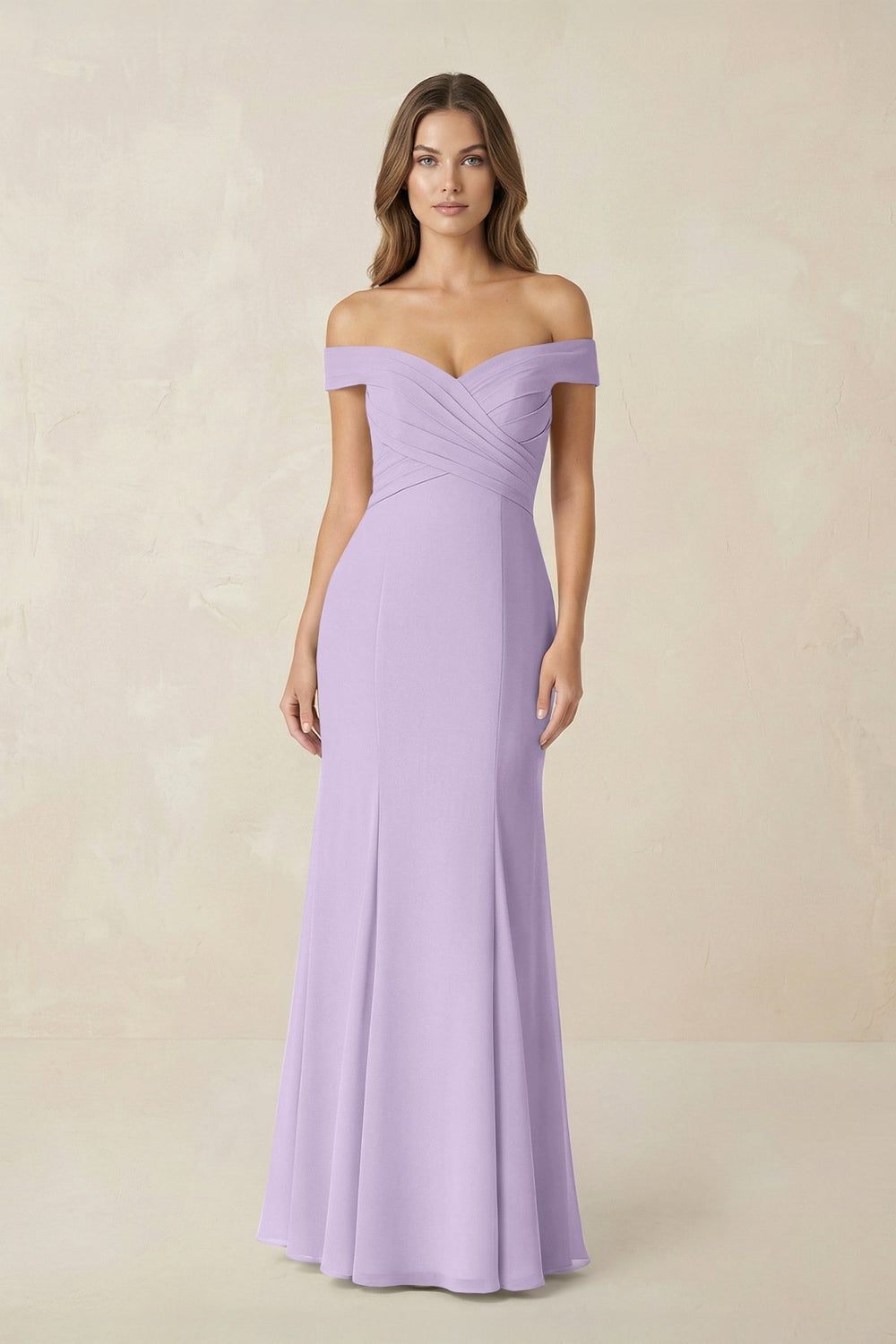 Off - the Shoulder Mermaid Chiffon Bridesmaid Dress in Lavender - KISS BRIDAL Bridesmaid Dresses