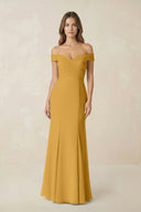 Off - the Shoulder Mermaid Chiffon Bridesmaid Dress in Marigold - SHE IS ME Bridesmaid Dresses