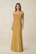 Off-the Shoulder Mermaid Chiffon Bridesmaid Dress in Marigold | KISSBRIDAL