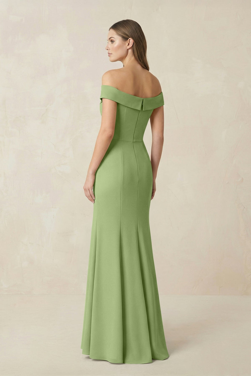 Off - the Shoulder Mermaid Chiffon Bridesmaid Dress in Matcha - KISS BRIDAL Bridesmaid Dresses