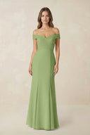 Off - the Shoulder Mermaid Chiffon Bridesmaid Dress in Matcha - SHE IS ME Bridesmaid Dresses