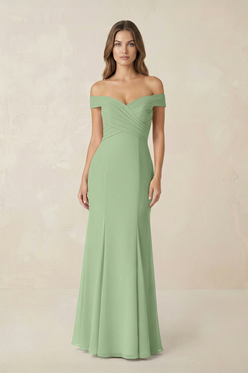 Off-the Shoulder Mermaid Chiffon Bridesmaid Dress in Matcha