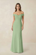 Off-the Shoulder Mermaid Chiffon Bridesmaid Dress in Matcha | KISSBRIDAL