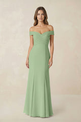 Off-the Shoulder Mermaid Chiffon Bridesmaid Dress in Matcha | KISSBRIDAL