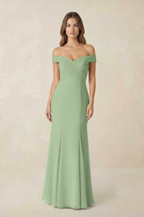 Off-the Shoulder Mermaid Chiffon Bridesmaid Dress in Matcha | KISSBRIDAL