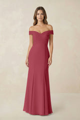 Off-the Shoulder Mermaid Chiffon Bridesmaid Dress in Merlot | KISSBRIDAL
