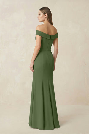 Off-the Shoulder Mermaid Chiffon Bridesmaid Dress in Moss (2) | KISSBRIDAL