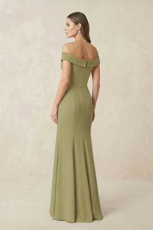 Off-the Shoulder Mermaid Chiffon Bridesmaid Dress in Moss Green (2) | KISSBRIDAL