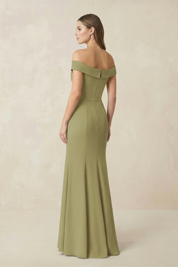Off-the Shoulder Mermaid Chiffon Bridesmaid Dress in Moss Green (2) | KISSBRIDAL
