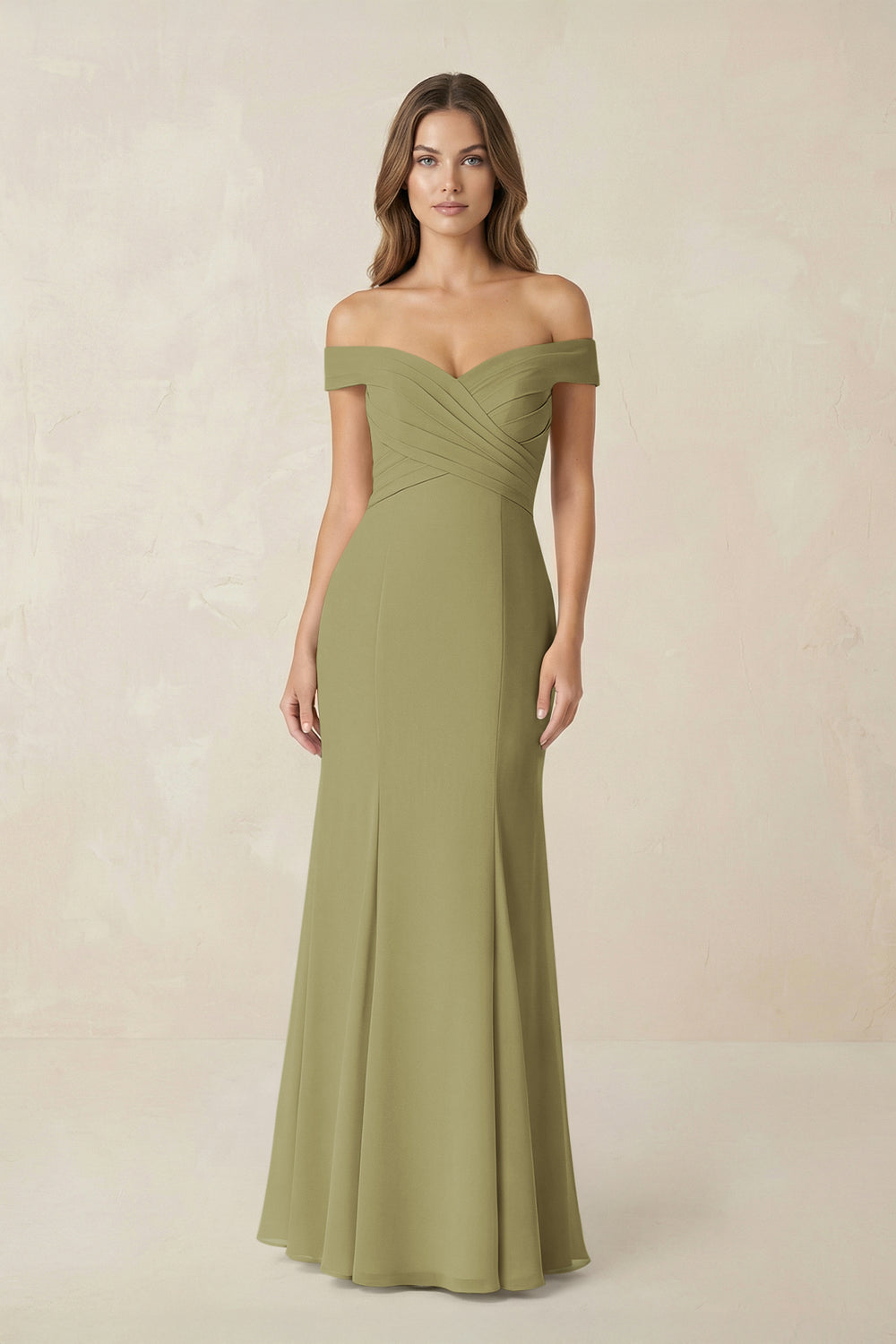 Off-the Shoulder Mermaid Chiffon Bridesmaid Dress in Moss Green