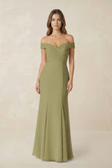 Off-the Shoulder Mermaid Chiffon Bridesmaid Dress in Moss Green | KISSBRIDAL