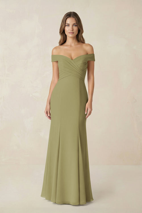 Off-the Shoulder Mermaid Chiffon Bridesmaid Dress in Moss Green | KISSBRIDAL