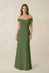 Off-the Shoulder Mermaid Chiffon Bridesmaid Dress in Moss | KISSBRIDAL