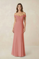Off-the Shoulder Mermaid Chiffon Bridesmaid Dress in Mulberry | KISSBRIDAL
