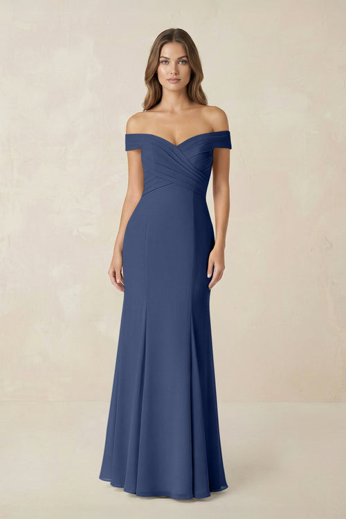 Off - the Shoulder Mermaid Chiffon Bridesmaid Dress in Navy - SHE IS ME Bridesmaid Dresses
