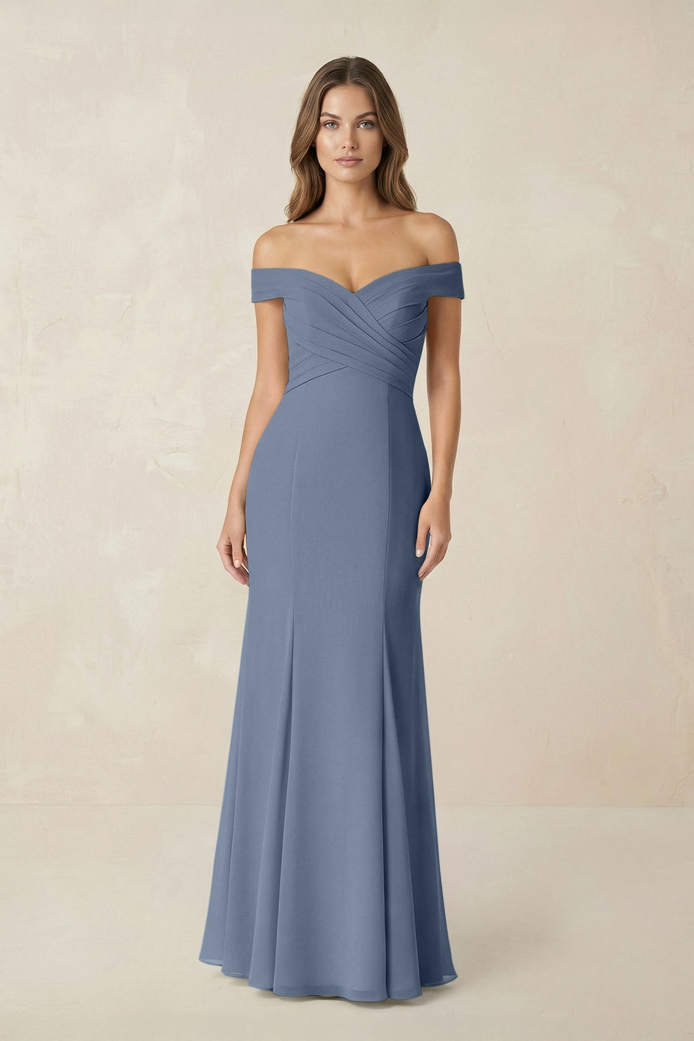 Off - the Shoulder Mermaid Chiffon Bridesmaid Dress in Neptune - KISS BRIDAL Bridesmaid Dresses