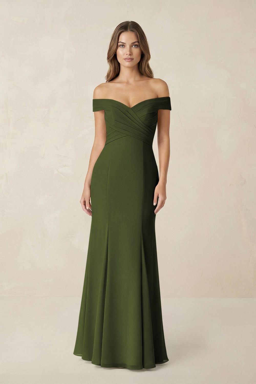 Off - the Shoulder Mermaid Chiffon Bridesmaid Dress in Olive - KISS BRIDAL Bridesmaid Dresses