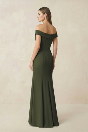 Off-the Shoulder Mermaid Chiffon Bridesmaid Dress in Olive (2) | KISSBRIDAL