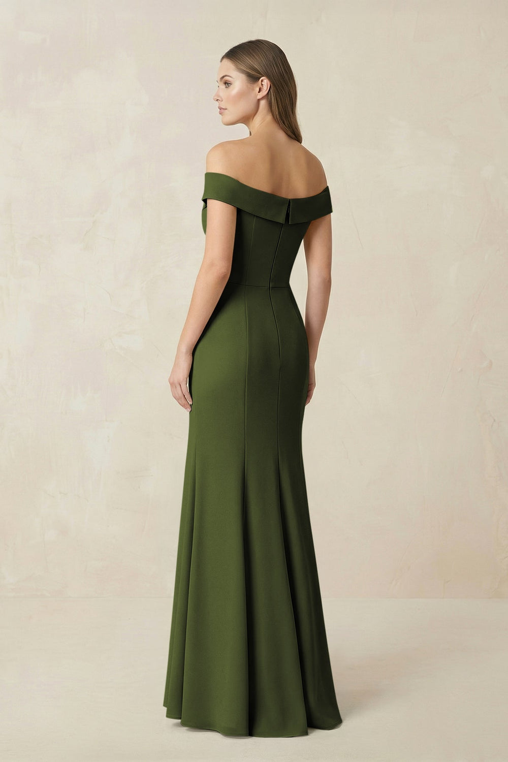 Off - the Shoulder Mermaid Chiffon Bridesmaid Dress in Olive - KISS BRIDAL Bridesmaid Dresses