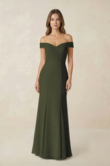 Off-the Shoulder Mermaid Chiffon Bridesmaid Dress in Olive | KISSBRIDAL