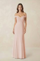 Off - the Shoulder Mermaid Chiffon Bridesmaid Dress in Pale Blush - KISS BRIDAL Bridesmaid Dresses