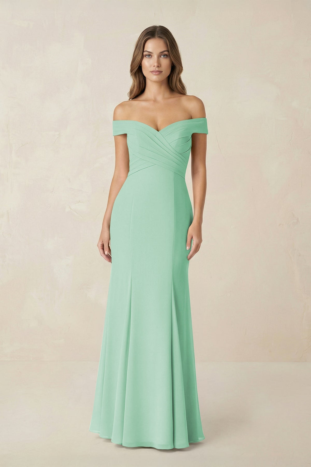 Off - the Shoulder Mermaid Chiffon Bridesmaid Dress in Pale Pistachio - KISS BRIDAL Bridesmaid Dresses