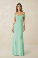 Off - the Shoulder Mermaid Chiffon Bridesmaid Dress in Pale Pistachio - SHE IS ME Bridesmaid Dresses