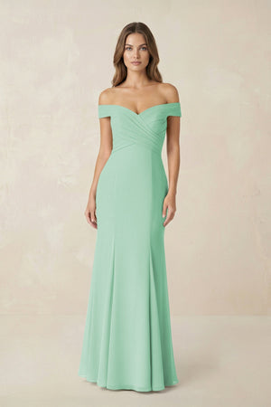 Off - the Shoulder Mermaid Chiffon Bridesmaid Dress in Pale Pistachio - SHE IS ME Bridesmaid Dresses