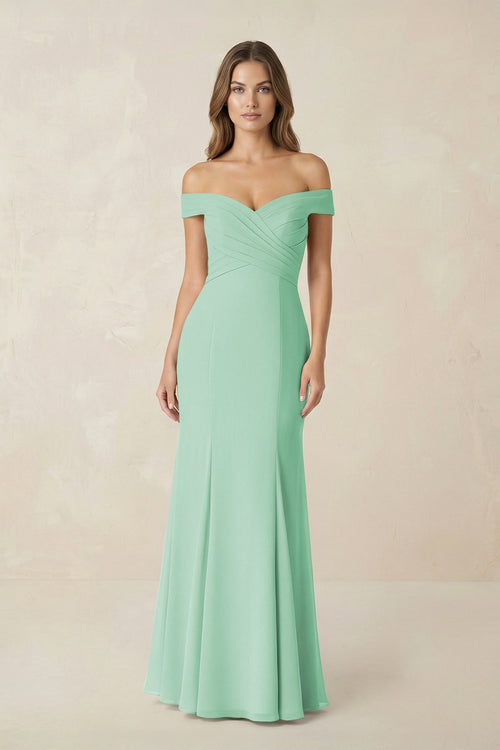 Off - the Shoulder Mermaid Chiffon Bridesmaid Dress in Pale Pistachio - SHE IS ME Bridesmaid Dresses